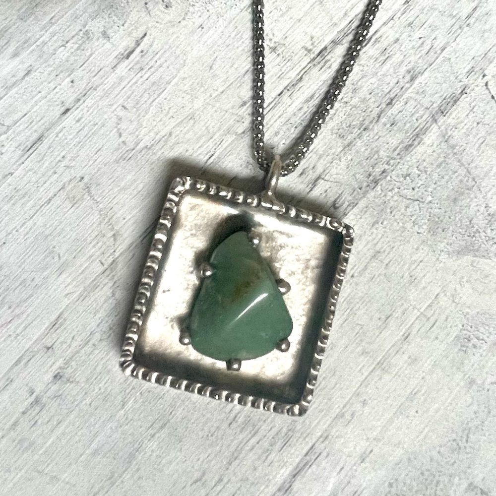 Jorgen Jensen pewter square pendant with green agate stone